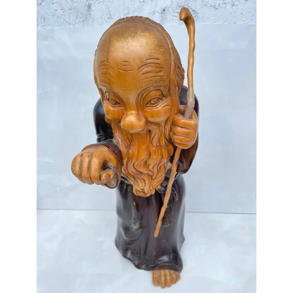 Wooden Hand Carved Monk Table Lamp Aldo Tura for Macabo Italy Midcentury 1950s - Picture 7 of 16